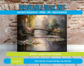 Water Lily Pond Digital Art, Tranquil Landscape with Wooden Bridge, Serene Garden Scene Printable, Soft Pink Blossom Decor for Peaceful Home