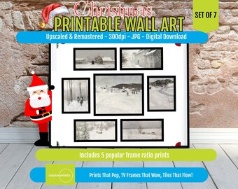 Winter Scenes Wall Art Set of 7 - Vintage Snow Prints for Christmas | Black and White Holiday Decor| Printable Digital Download, 300 dpi