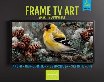 Goldfinch Digital Art, Winter Scene, Frosted Pine Landscape (Instant Download)