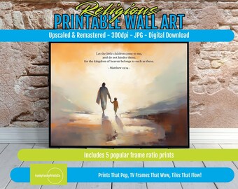 Matthew 19 14 Bible Verse PRINTABLE Wall Art – Digital Download Christian Artwork – Inspirational Jesus and Child Painting for Home Decor