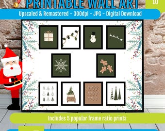 Green Christmas Wall Art Set, Holiday Prints with Snowflakes, Gingerbread, and Trees, Festive Scandinavian Minimalist Decor