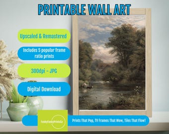 Tranquil River Scene Digital Art Print—Serene Fisherman Landscape, Autumn Colors Wall Decor for Nature Lovers, Instant Download
