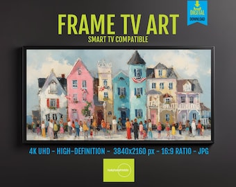 Coastal Town Digital Art: Colorful Balconies and Vibrant Street Scene