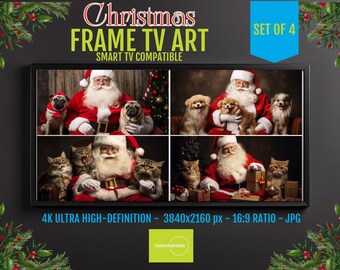 Samsung Frame TV Christmas Art | Santa With Cats & Dogs | Funny Digital Screensaver | Set of 4 | Holiday Decor for TV