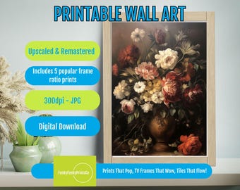 Moody Pink Peonies PRINTABLE - Vintage Oil Painting - Dark Floral Print, Farmhouse Decor, Antique Style Wall Art, Digital Download