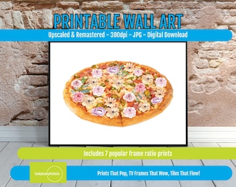 Floral Pizza Wall Art – Whimsical Food Print, Colorful Watercolor Kitchen Decor, Fun Eclectic Dining Artwork, Digital Download