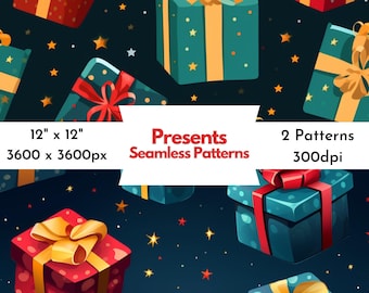 Christmas Gift Seamless Pattern, Holiday Digital Paper (PNG JPG Download)