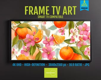 Samsung Frame TV Art: Vibrant Orange & Pink Floral Watercolor (Digital Download 4K UHD)