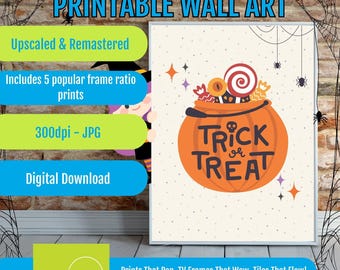 Trick or Treat Wall Art Printable for Kids, Cute Halloween Poster, Pastel Candy Illustration, Playroom Nursery Decor, Digital Download