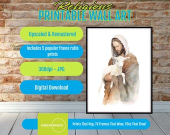 Christian Wall Art Jesus Holding Lamb – Good Shepherd Watercolor Print, Faith-Inspired Decor, Spiritual Bible Quote Home Art