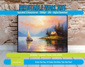 Mountain Lake Digital Art Print, Serene Cabin and Sailboat View, Tranquil Nature Scene Printable for Rustic or Modern Home Decor