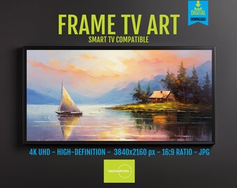 Landscape Painting Serene Lake, Dreamy Cabin Art Download for Samsung Frame TV 4K UHD, Peaceful Nature Scenery, Pastel Tranquility