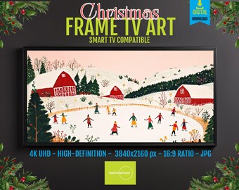 Winter Ice Skating Scene Art for Samsung Frame TV - 4K HD Barn & Skaters - Festive Holiday Country Screensaver - Digital Download