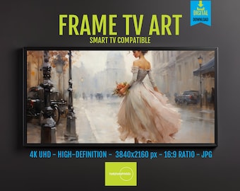 4K UHD Art Street Scene Digital Download – Elegant Woman, Classic Cars, Pastel Gown, Vintage Lampposts, Floral, Nostalgic Painting