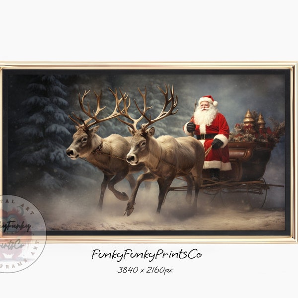 Samsung Frame Tv Art Christmas, Santa And His Sleigh With Reindeer, Frame Tv Art Screensaver, Frame Tv Artwork Santa And Reindeer