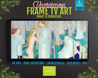 Digital Wall Art: Tranquil Green Trees and Flowing Blue - 4K Screen Download