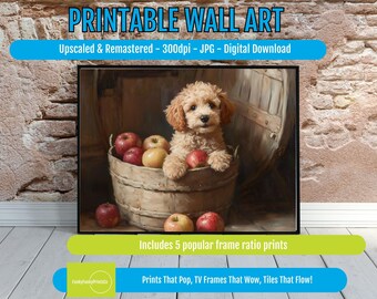 Cute Puppy Digital Art Print with Basket of Apples – Whimsical Pet Illustration for Farmhouse Home Decor, Printable Wall Art Download