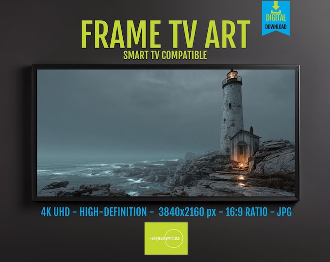 Featured listing image: Lighthouse Art Print Tranquil Ocean View – Moody Seascape Digital Download, Serene Coastal Wall Art for Frame TV Decor