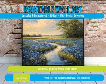 Green Grass Landscape Print: Winding Stream, Blue Flowers (Digital Download)