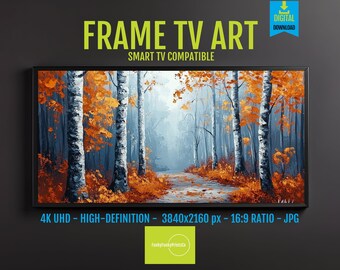 Samsung Frame Art Birch Forest Path: 16x9 Digital Autumn Wall Art Print, Cozy Fall Foliage Decor, Misty Rustic Birch Trees Download