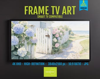 Coastal Watercolor Print: Hydrangea Flowers and Ocean View (Digital)