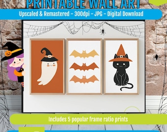 Halloween Wall Art Set of 3 Prints, Cute Ghost, Bats & Black Cat Illustrations, Spooky Nursery Decor, Witch Hat Art
