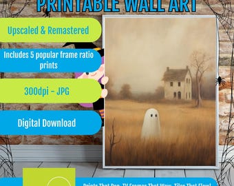 Vintage Ghost in Autumn Field Printable Wall Art, Rustic Halloween Decor, Spooky Farmhouse Fall Artwork, Instant Digital Download