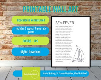 Sea Fever Poem by John Masefield – Nautical Wall Art PRINTABLE with Sailboat Illustration – Inspirational Digital Download