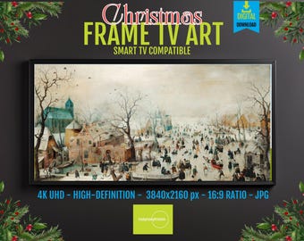 Frozen Lake Winter Scene: Skaters and Fishermen on Ice (Digital Download)