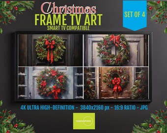 Christmas Wreaths for Samsung Frame Tv - HD Screensaver - Farmhouse Holiday Decor | Instant Download | Set of 4 Designs | 4k HD 16x9