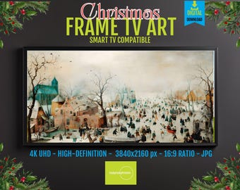 European Winter Village Digital Art, Skating Scene (For Frame TV Display)