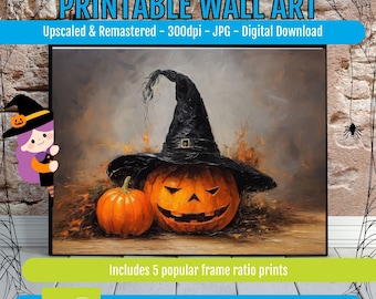 Halloween Wall Art, Witch Pumpkin Printable, Spooky Fall Decor, Rustic Halloween Digital Download, Witch Hat & Jack-O-Lantern Print
