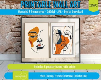 Abstract Face Art Print Set of 2 for Modern Home Decor, PRINTABLE Wall Art Minimalist Portraits, Instant Digital Download Gift Idea