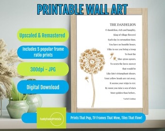 Dandelion Poetry Print: Golden Nature Art for Home Office (Digital Download)