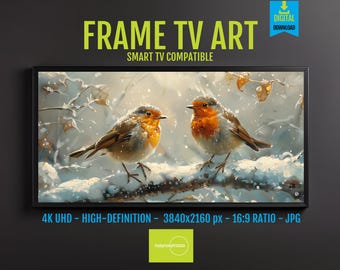 Wildlife Photography Winter Birds on Snowy Branches | Nature Scene Digital Art for Samsung Frame TV, Scenic Wall Art Decor