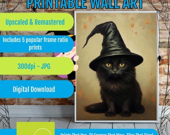Black Cat Halloween Wall Art, Spooky Cat Printable, Witchy Decor & Cute Digital Art for Magical Halloween Decor