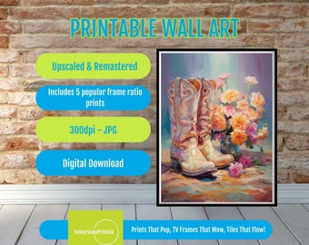 Pink Cowgirl Boots Art, Retro Floral Western Wall Decor, Printable Boho Country Digital Download, Girly Vintage Cowgirl Decor