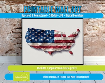 Patriotic USA Map Digital Art, American Flag Textured Design, Rustic Red White and Blue Printable Download, Bold Modern Independence Decor