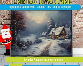 Winter Wonderland Wall Art, Snowy Forest Rustic Cottage Decor, Printable Holiday Poster, Vintage Christmas Landscape Digital Download