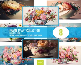 Samsung Frame TV Art 4K Floral Tea Cups Set of 8 | Colorful Digital Download, HD Screensaver for Samsung & LG Frame TVs, Modern Wall Decor