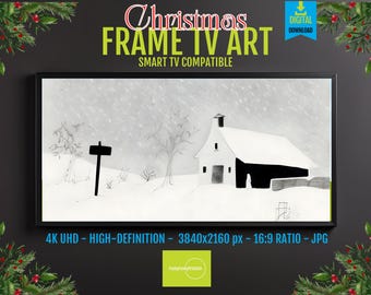 Snowy Barn Scene Digital Art: Minimalist Black and White Winter