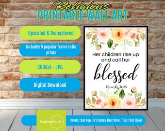 Printable Bible Verse Wall Art – Motherhood Proverb, Watercolor Floral Christian Quote, Faith Home Decor, Instant Digital Download