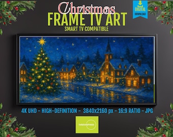 Christmas Scene Digital Art Download: Serene Winter Village, Starry Night Glow | Cozy Lights, Instant Download | 16x9 UHD Screensaver