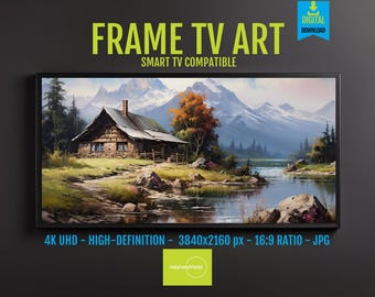 Rustic Cabin Digital Art with Tranquil Lake, Autumn Foliage, Wildflowers & 4K UHD Screensaver for Samsung Frame TV Decor