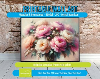 Peony Digital PRINTABLE Pink Floral Wall Art, Watercolor Peony Poster, Romantic Pastel Decor, Shabby Chic Living Room Decor