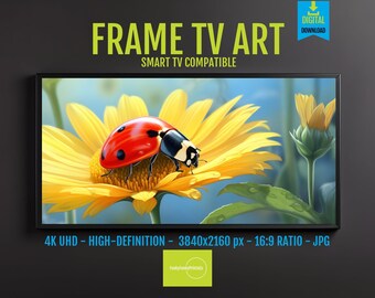 Ladybug on Yellow Daisy Digital Art (Bright, Realistic, TV Screensaver)