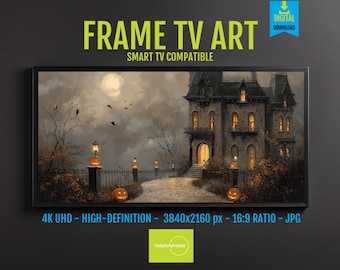 Halloween Mansion Digital Art: Carved Pumpkins, Full Moon (4K UHD Digital Download)