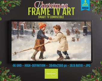 Samsung Frame TV Art – Vintage Children Playing in Snow, Classic Christmas Winter Scene, 4K UHD Digital Download, Holiday Wall Display