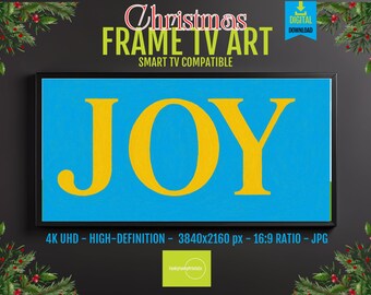 Samsung Frame TV Art Joy Typography, Yellow on Blue, 4K UHD Digital Download, Modern Cheerful Wall Screen Decor