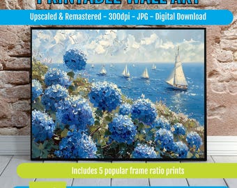 Vibrant Coastal Serenity with Lush Blue Hydrangeas and Sailboats - A Tranquil Digital Art Landscape for Your Space
